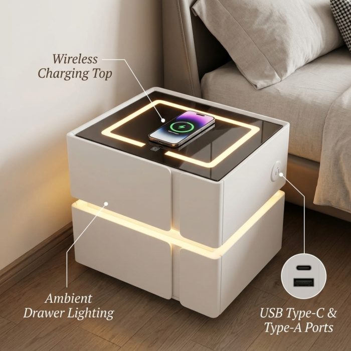 X06 Smart Charging Bedside Table-White - Image 3