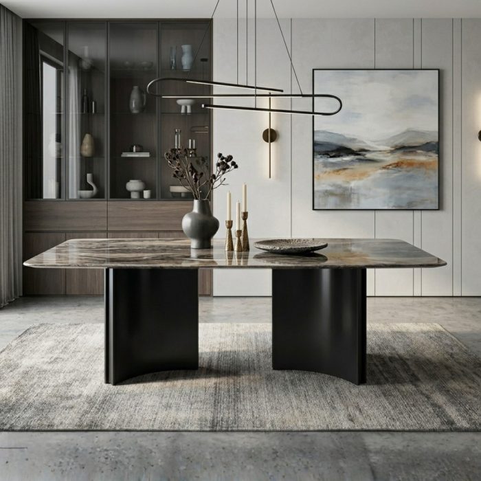 SLC 0515 140-180cm Boat Shaped Crystal Marble Table-Brown - Image 2